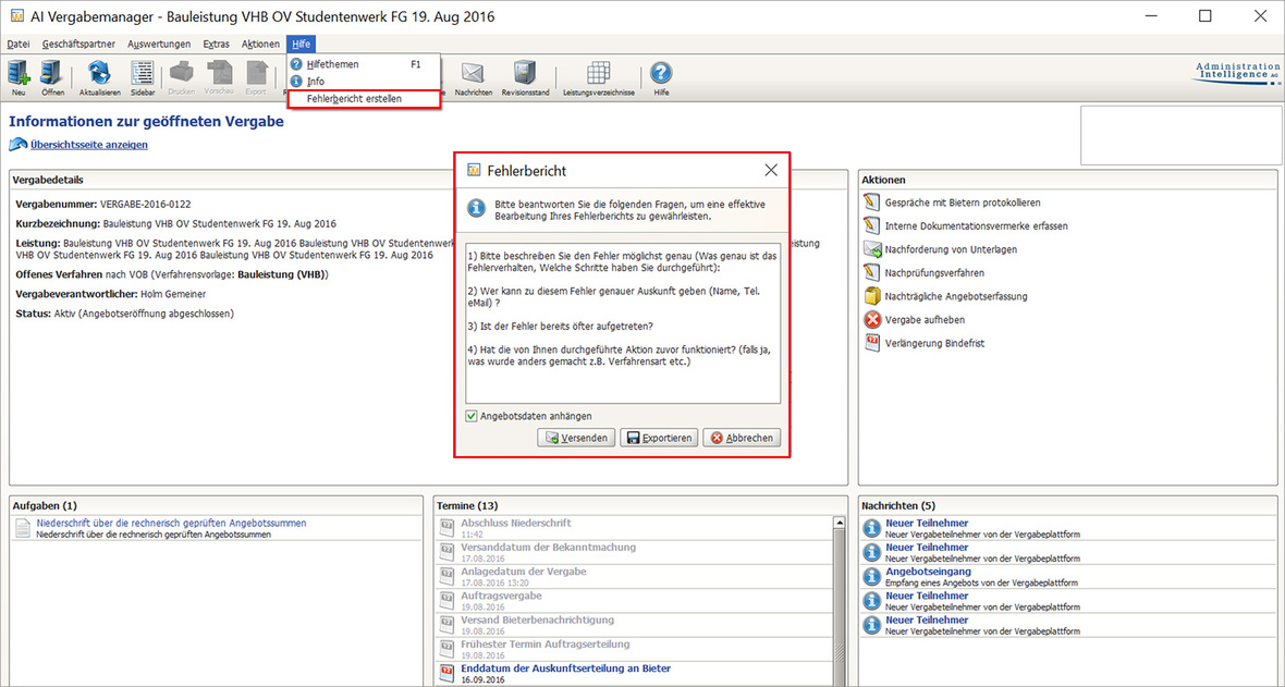 Screenshot Fehlerbericht im AI Vergabemanager