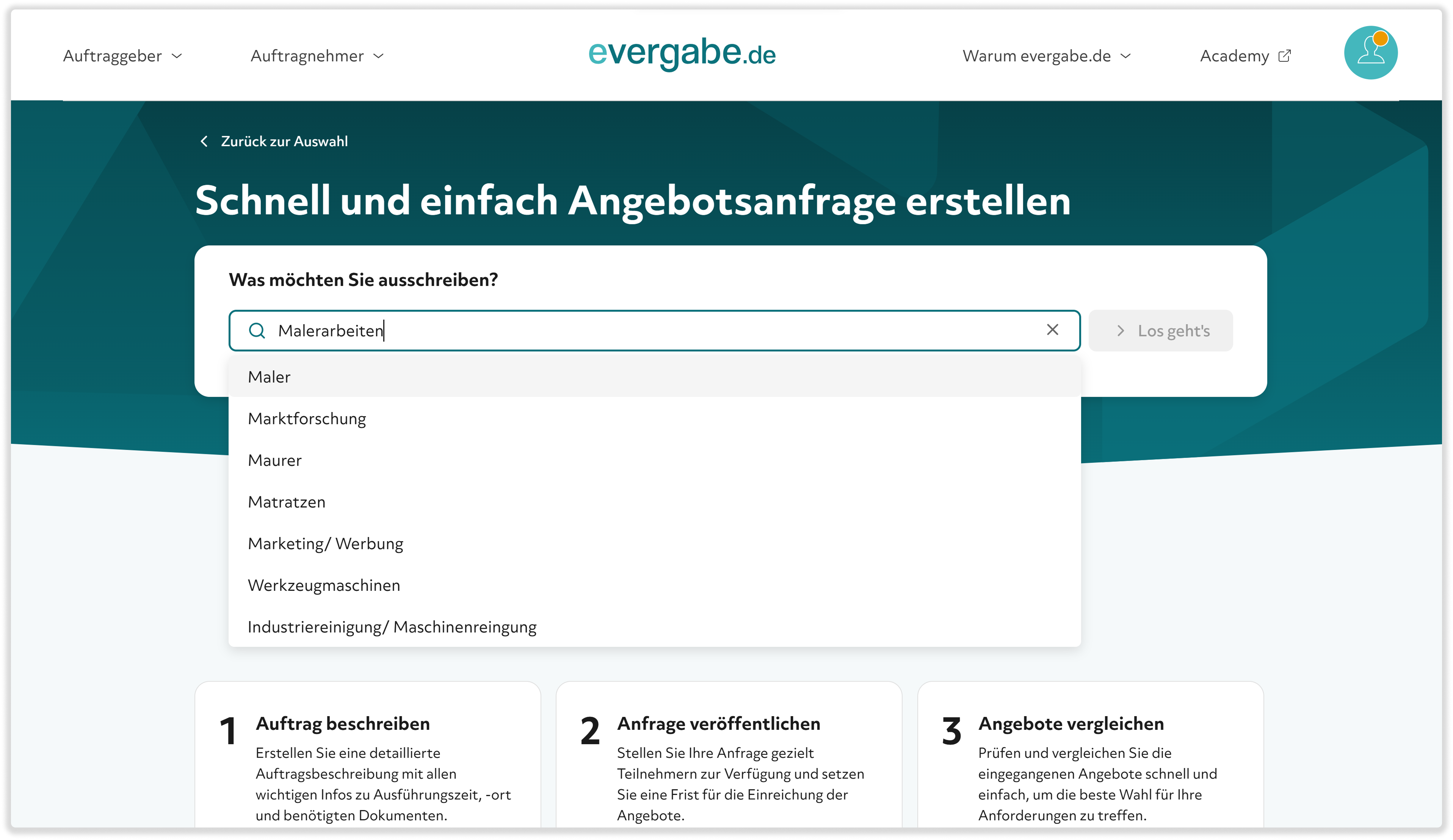 Gewerbliche Ausschreibung bei evergabe.de, Screenshot Auftrag beschreiben