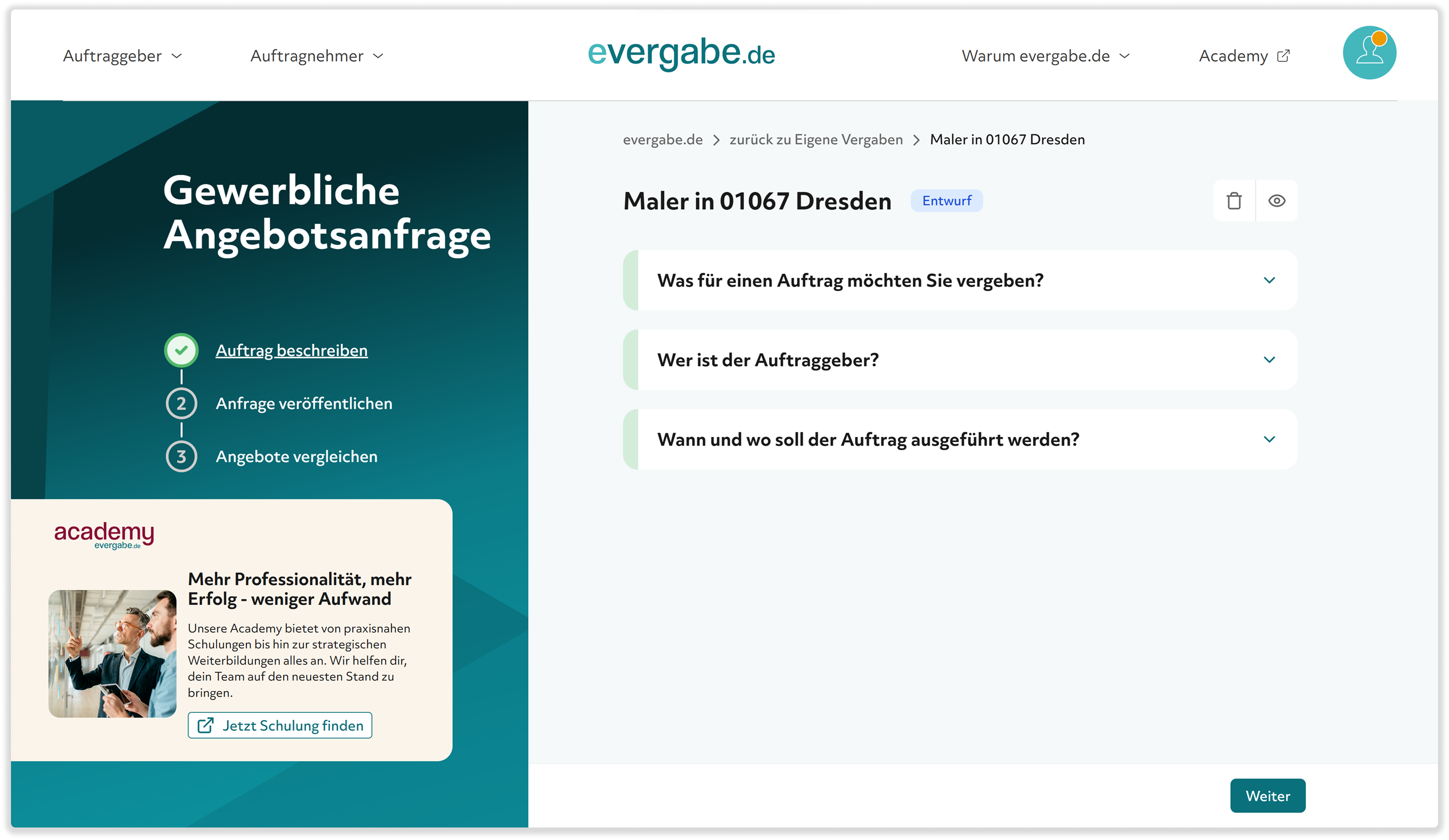 Gewerbliche Ausschreibung bei evergabe.de, Screenshot Anfrage veröffentlichen