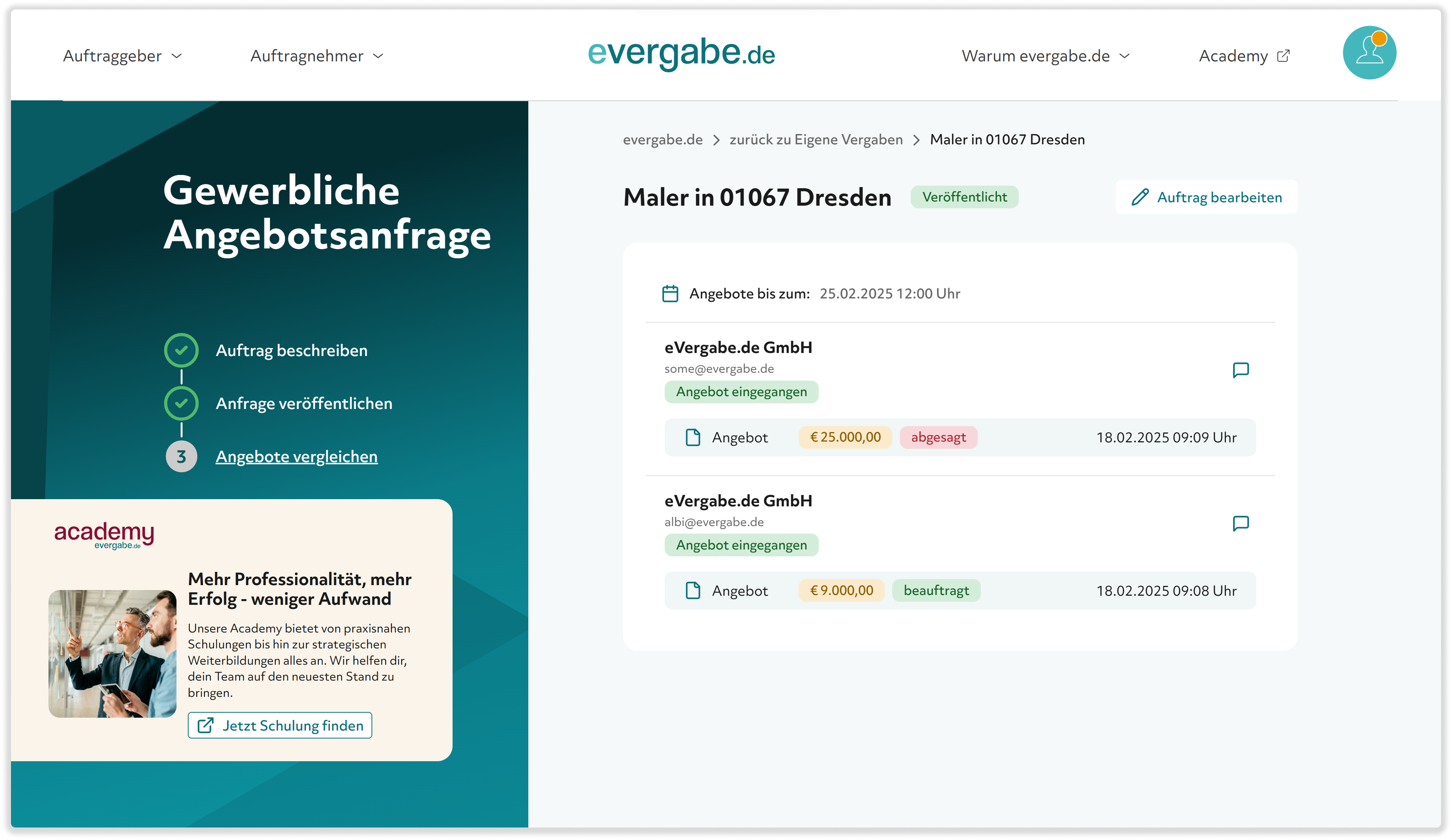 Gewerbliche Ausschreibung bei evergabe.de, Screenshot Angebote vergleichen